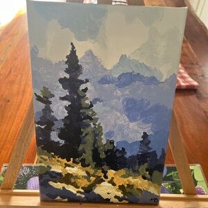 New hand painted by me acrylic on canvas winter trees painting blue green tones